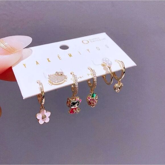 14K Gold Plated Sanrio Hello Kitty Huggie Hoop Dangle Mismatched Set Earrings - Picture 3 of 3